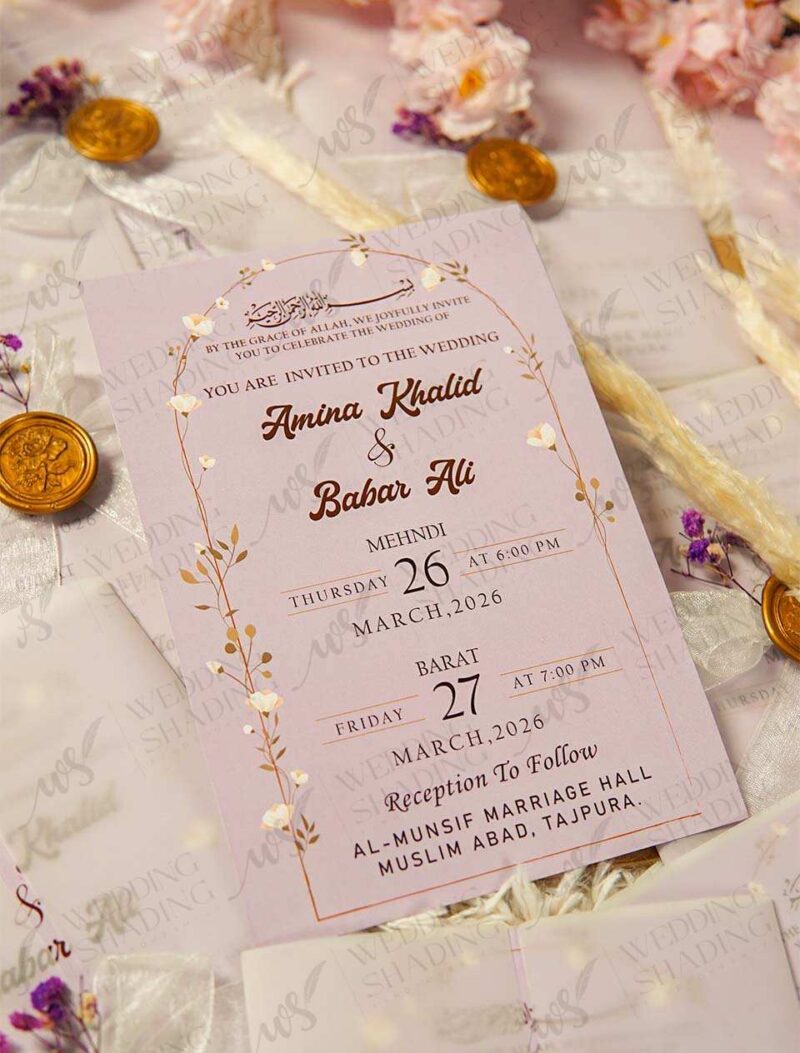 Inside view of rose gold text with custom wedding event details