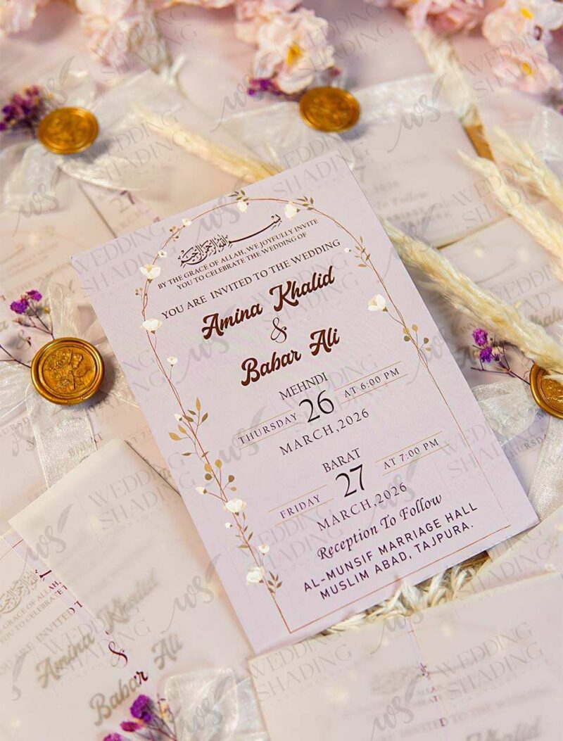 Full invitation set with vellum overlay, ribbon, seal, and flowers