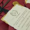 Inside view of custom printed wedding details on gold foil card