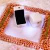 Pink pearl square ring tray with mirrored base and gold corner accents