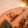 Full view of rustic wood ring tray decorated for a Nikkah ceremony