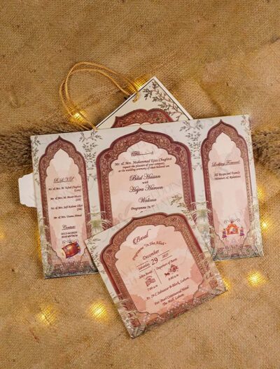Multi-fold Mughal arch wedding invitation with red and gold panels